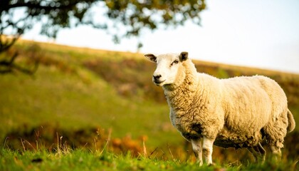 Fototapeta premium A solitary sheep stands on a grassy hill bathed in the warm glow of sunlight, embodying rural tranquility.