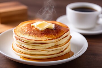 stack of pancakes on a plate with coffee