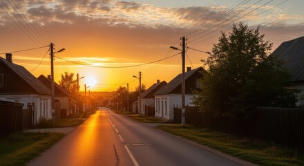 Fototapeta premium Golden Sunrise Over a Quaint Village Street