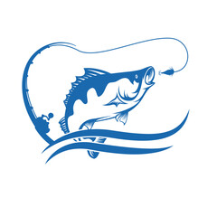 Jumping Fish with Fishing Rod and Splash Logo Design