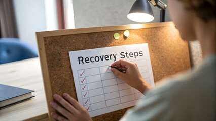 Cybersecurity Business Context Person checking off a recovery steps list on a bulletin board under a desk lamp.