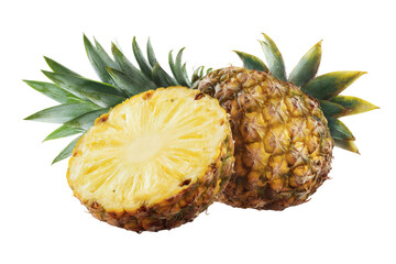 Two halves of a pineapple with leaves
