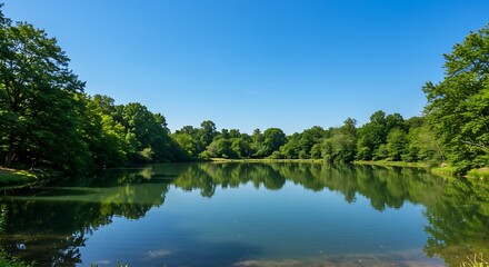 Fototapeta premium Scenic Pond with Sunlight Reflection – Beautiful Summer Day Landscape.