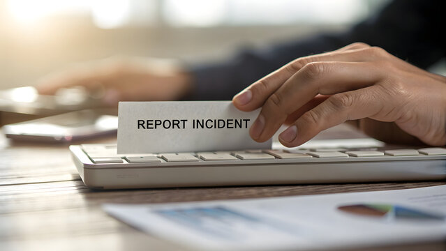 Cybersecurity Business Context A hand holding a "Report Incident" card over a computer keyboard in an office setting.