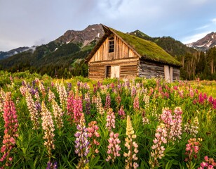 Rustic cabin nestled in a vibrant lupine field with mountains in the background
