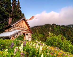 Fototapeta premium Rustic cabin nestled in a meadow of wildflowers, mountain backdrop