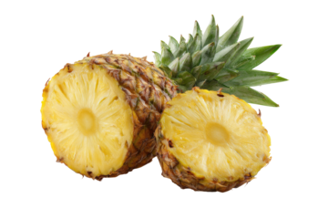 Two halves of a ripe pineapple, showcasing its bright yellow flesh and a visible core.  Fresh, tropical fruit