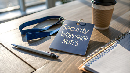 Cybersecurity Business Context Security workshop notes badge, pen, coffee, and notebook on a wooden table in sunlight.