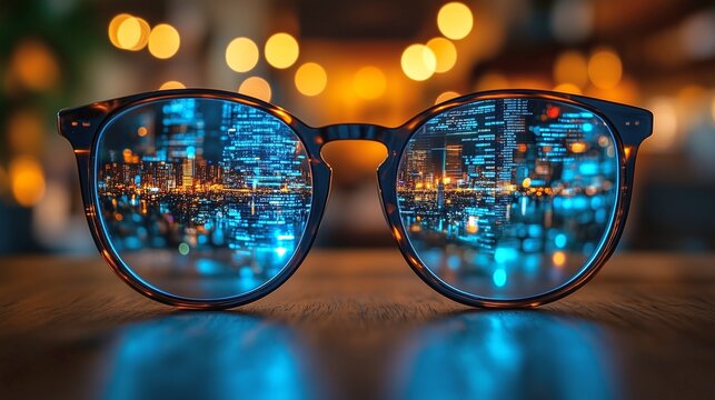 Glasses reflecting a stunning cityscape at night with bokeh lights in the background creating a magical atmosphere