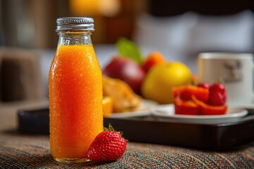 A refreshing bottle of orange juice with water droplets accompanied by a strawberry and a breakfast tray with fruit and pastry create a vibrant and healthy start to the day.