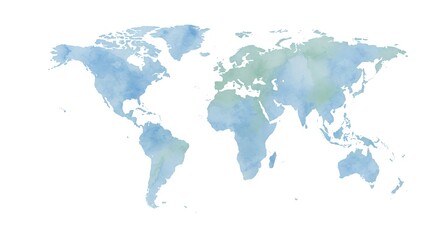 Obraz premium Artistic watercolor world map illustration with soft blue and green textures, isolated on a white background for global concepts