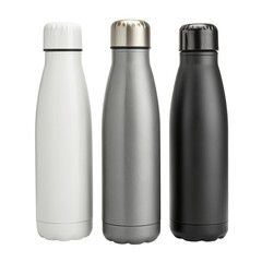 Three modern reusable water bottles in white grey and black isolated on transparent background