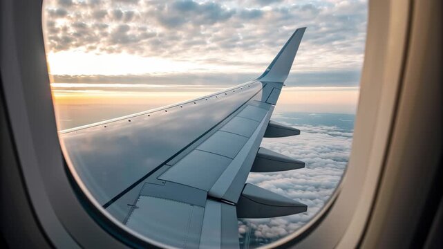 Airplane wing view through window during sunset shows flight disruption, air traffic, and travel uncertainty above clouds