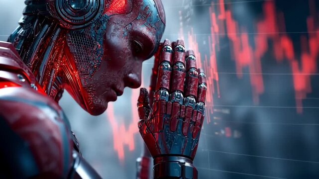 Red robot with hands clasped, looking at a falling stock market graph.