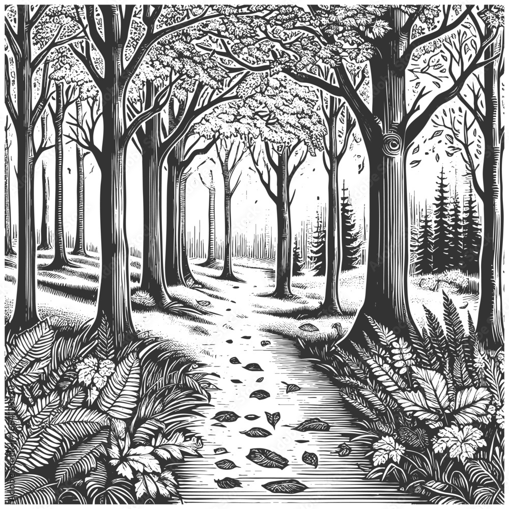 Poster winding path through a dense forest with tall trees, ferns, and scattered leaves on the ground sketc
