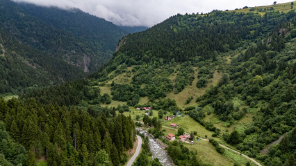 Aerial view of Firtina Creek flowing through lush green valley in Camlihemin, Rize, Turkiye, Black Sea region
