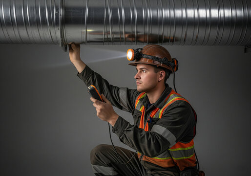 Industrial Worker Inspecting Ventilation Duct with Headlamp in Controlled Environment - Powered by Adobe