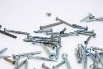 Assorted Metal Screws on White Background for Construction and Repair