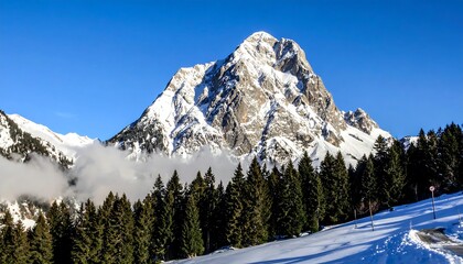 Fototapeta premium Snowy mountain peak, pine forest, and clouds