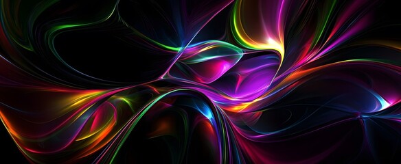 A vibrant abstract design showcasing flowing, luminous lines in a range of brilliant colors against a deep black backdrop.