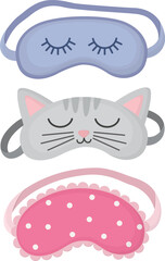 Collection of three eye masks isolated on transparent background. Illustration with pretty sleep accessories