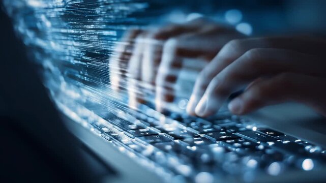 Hands typing on a keyboard as data flows, illustrating the dynamic nature of technology and digital interaction