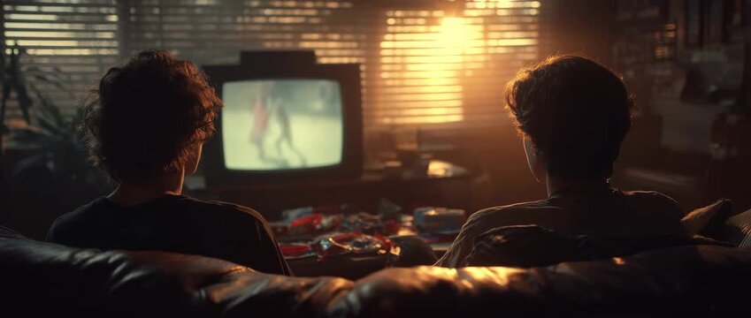 Late-afternoon golden hour &mdash; two teens silhouetted on a couch watching a vintage CRT TV as the camera slowly dollies in through sunlit blinds