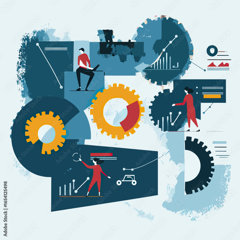 Poster flat minimalist vector illustration of business people analyzing data charts and graphs integrated w