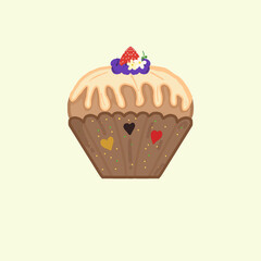 This is a charming cupcake illustration. The brown liner is adorned with small gold, black, and red hearts, and colorful dots. 