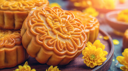 Close-up of a floral-imprinted mooncake on a lacquered tray, surrounded by chrysanthemum petals in soft golden light.