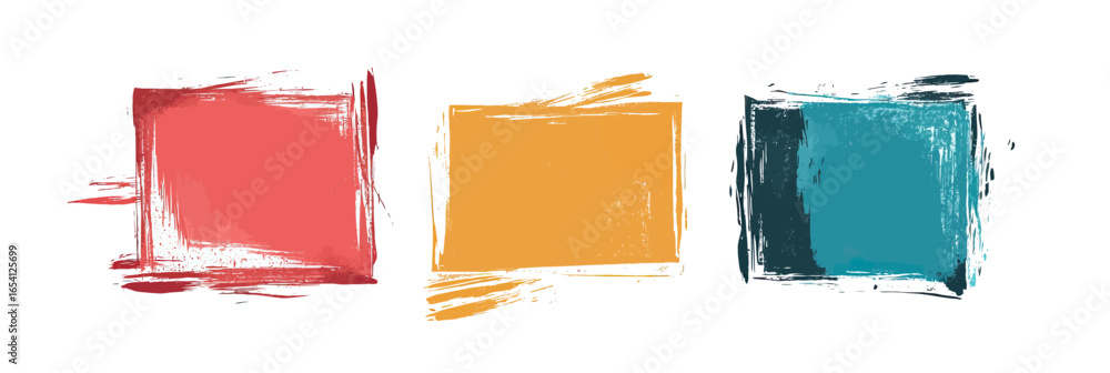 Poster grunge brush strokes three colorful rough rectangular paint frames red orange teal with hand drawn c