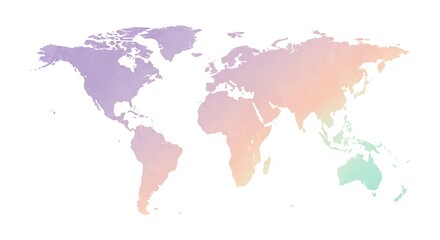 Artistic world map with a soft pastel gradient watercolor texture. Global concept illustration isolated on a white background for travel and geography design.