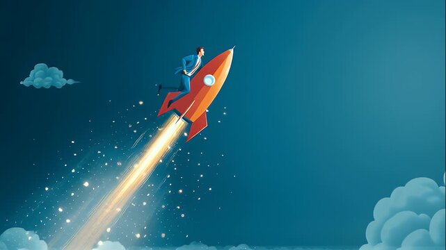 Businessman Riding Rocket Through Sky Symbolizing Startup Success Ambition Innovation and Fast Business Growth