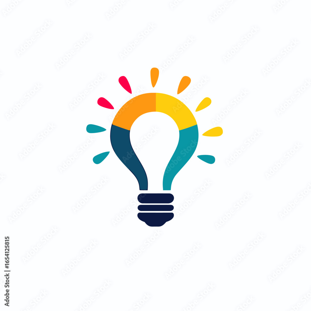 Poster colorful segmented light bulb icon with abstract rays representing creative idea innovation and brig
