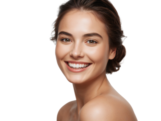 Radiant smile of a young woman with pristine white teeth on transparent layout