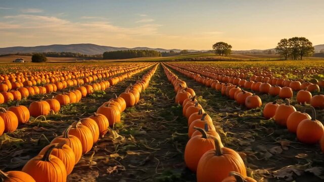 Pumpkin Patch at Sunset: Rows of Orange Gourds