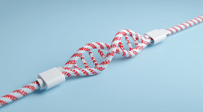 A stylized DNA double helix formed from a braided red and white cord, held by white connectors on a light blue background.