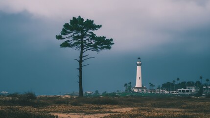 Lighthouse and tree against a moody sky