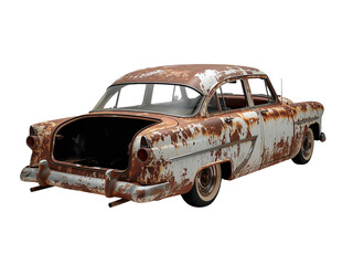 Vintage automobile decay showcasing rust and weathered appearance on isolated background
