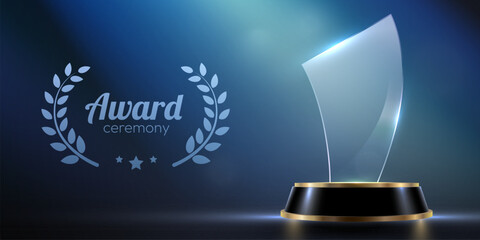 Award podium with glass trophy with laurel wreath on dark background. Symbol of victory, achievement, success, rewarding of winner. Vector illustration
