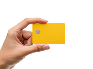 Hand presents a vibrant yellow credit card against a striking isolated transparent setting