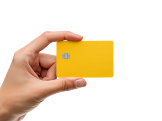 Hand presents a vibrant yellow credit card against a striking isolated transparent setting