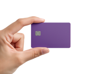 Hand holding a vibrant purple credit card against an isolated transparent ethereal expanse