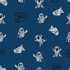 Seamless Halloween  ghosts Pattern, hand draw on blue background