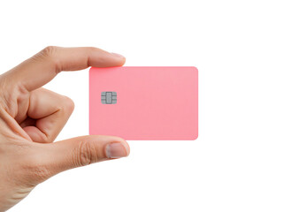 Obraz premium Holding a pink credit card on a transparent, conveying financial transactions in the digital