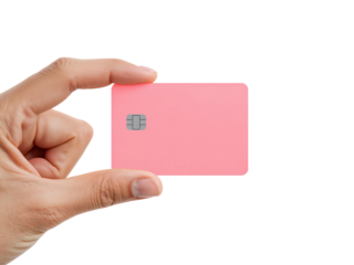Holding a pink credit card on a transparent, conveying financial transactions in the digital