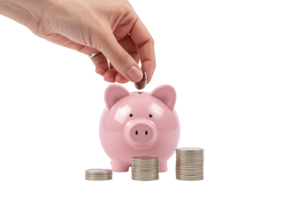 Hand depositing coin into pink piggy bank illustrating financial savings strategy on a transparent
