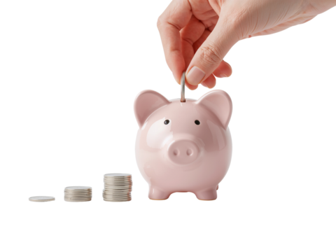 Hand putting coin into piggy bank illustrating financial savings on transparent setting building