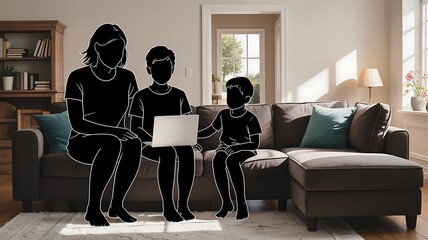Family silhouette using laptop on couch in living room interior illustration