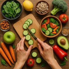 Fresh Vegetables and Fruits on Rustic Table